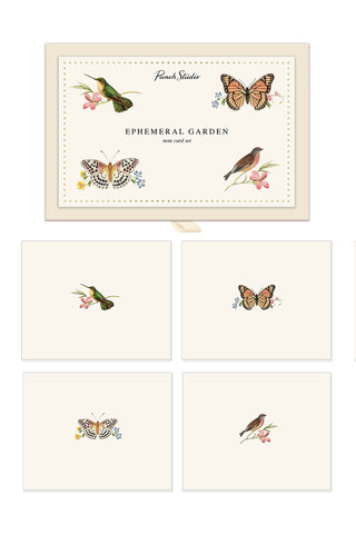 Set of cards with illustrations of birds and butterflies on cream paper.