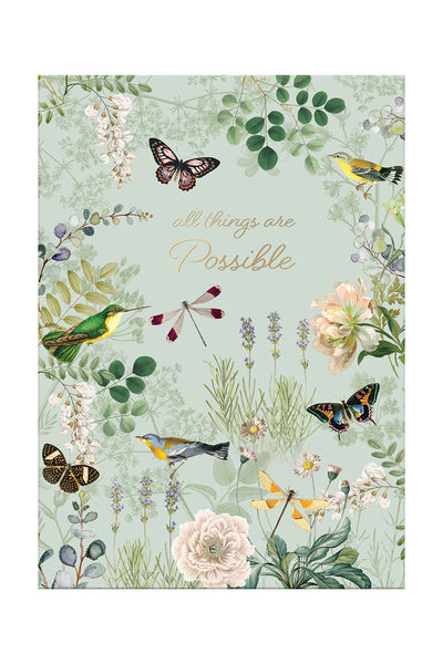 Floral Sympathy Greeting Card with butterfly design and 'all things are possible' text on a light green background