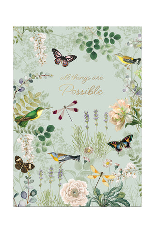 Floral Sympathy Greeting Card with butterfly design and 'all things are possible' text on a light green background