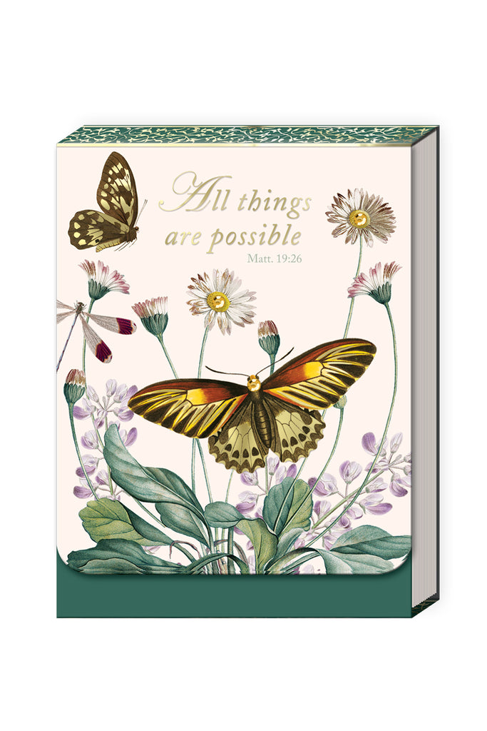 Decorative pocket notepad with butterflies and flowers design, featuring Matthew 19:26, 'All things are possible.' 