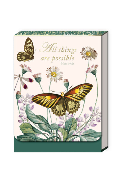 Decorative pocket notepad with butterflies and flowers design, featuring Matthew 19:26, 'All things are possible.' 