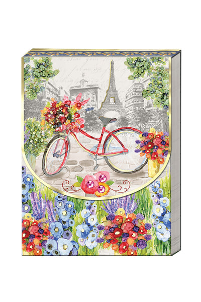 Decorative Pocket Notepad with a bicycle and Eiffel Tower design on a white background