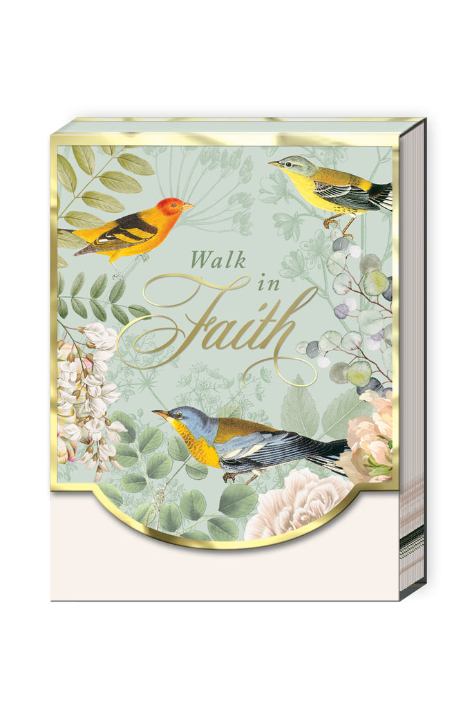 Pocket Notepad with 'Walk in Faith' text and bird illustrations on a floral background