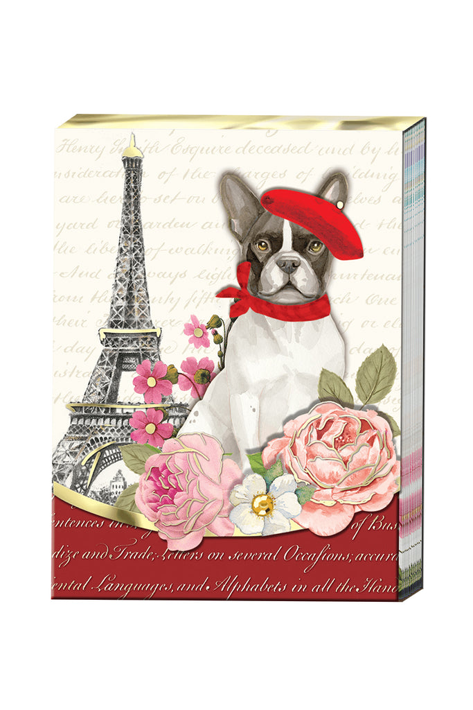 Petite Paris Pocket Notepad with French Bulldog wearing a Beret, Eiffel Tower, and flowers on a white background