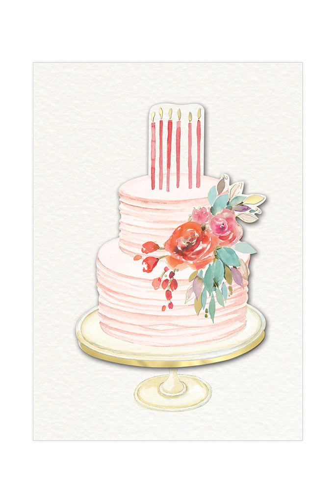 Birthday Card with illustration of a pink cake with floral decorations on a cream background