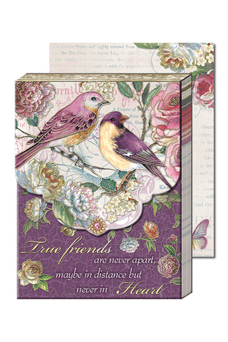 Decorative Pocket Notepad with floral and bird design, featuring a quote about true friends.