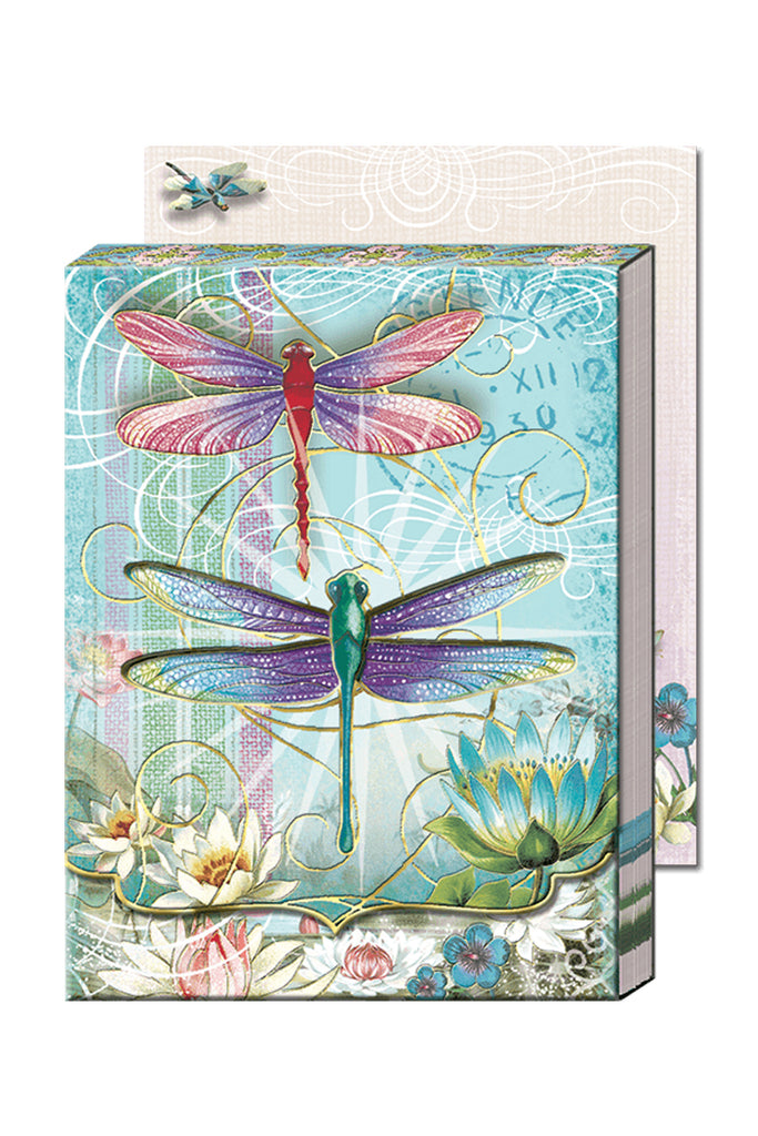 Decorative pocket notepad with dragonfly and waterlily design on a white background