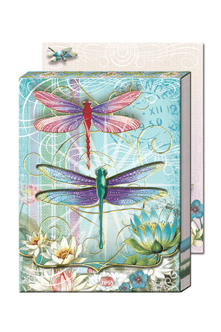 Decorative pocket notepad with dragonfly and waterlily design on a white background
