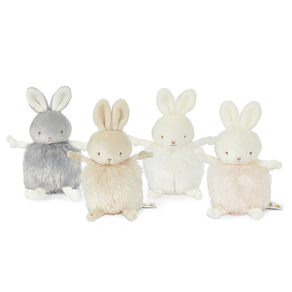 Four plush bunny toys in different colors on a white background