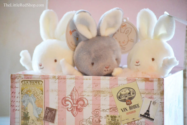 Bunnies by the Bay's Bun Bun, Bloom, and Blossom Pom Pom Roly Poly Rabbit Stuffed Animals in the Paris Pink & White Striped Gift Box