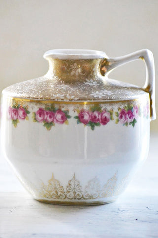 Vintage Porcelain Floral Jug with Embossed Gold Floral Detail