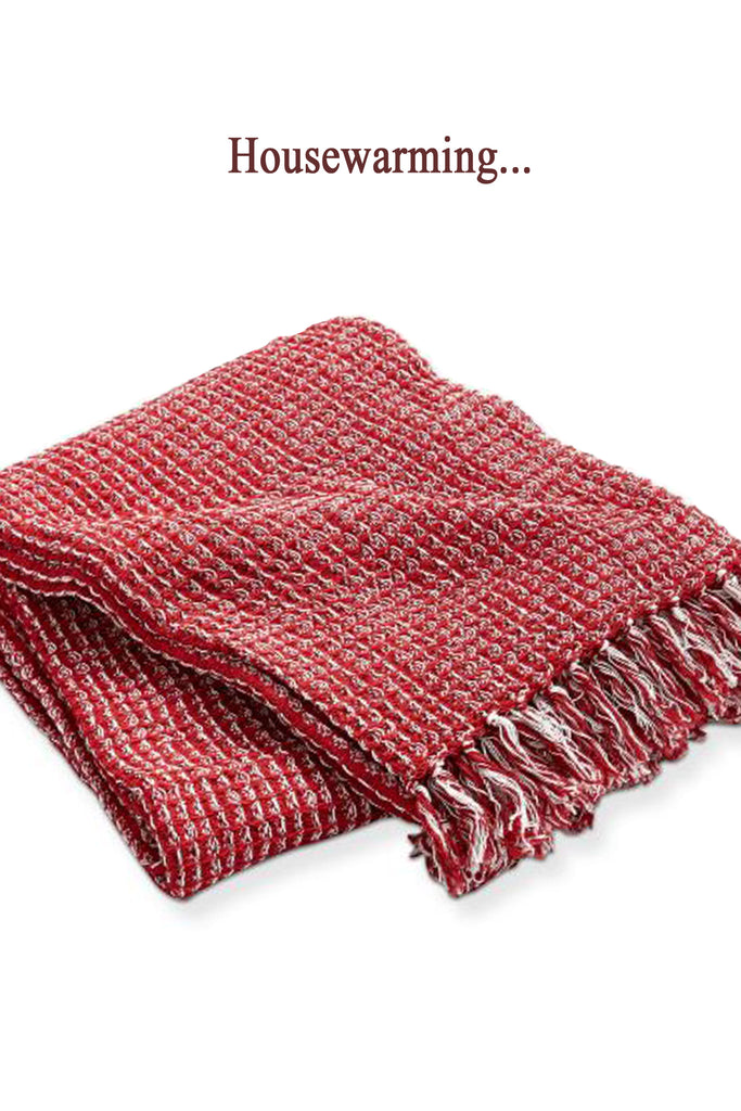 Close Up View Tag Ltd Folded Red Waffle Weave Cotton Chambray Throw Blanket