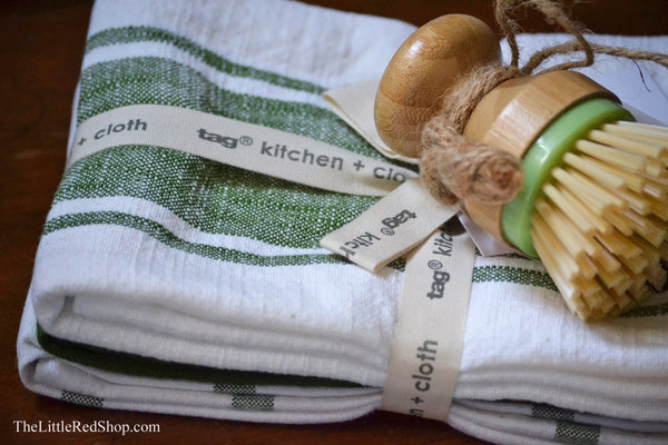 Tag Ltg Foliage Green Flour Sack Chambray Kitchen Towel Set stack with Bamboo Brush