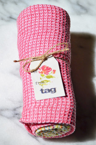 Hot Pink Waffle Kitchen Towel with Multicolor Edging
