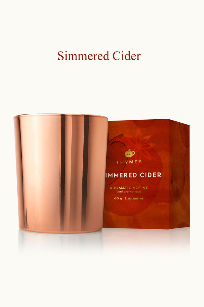 Thymes Simmered Cider Votive Candle with Rust Colored Gift box and Copper Accents