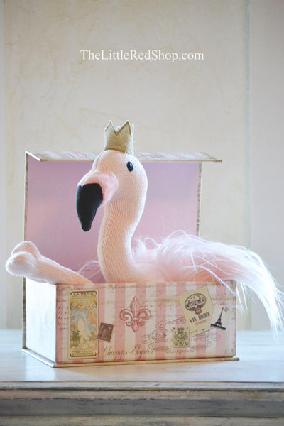 Tutu Flamingo Stuffed Animal wearing gold crown in Paris Pink & White Stripe Gift Box