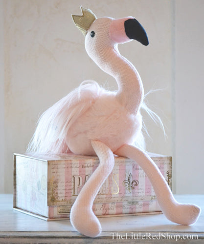 Tutu Flamingo Stuffed Animal sitting on the Paris Striped Tab Gift Box