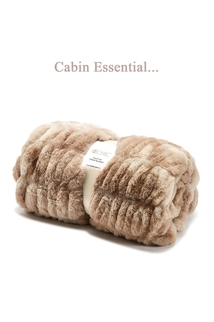 Two's Co Luxurious Textured Faux Fur Tan & Cream Throw Blanket 
