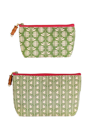 Two patterned pouches with green and cream designs on a white background