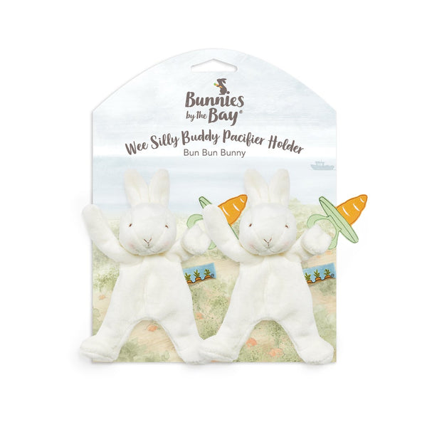 Close Up View ~ Wee White Silly Buddy Bunny Pacifier Holder  Set