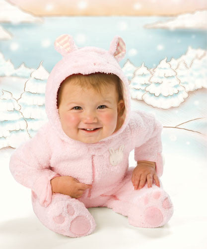 Baby Clothes ~ Winter Scene of Baby wearing Bunnies by the Bay Blossom's Pink Snugsuit