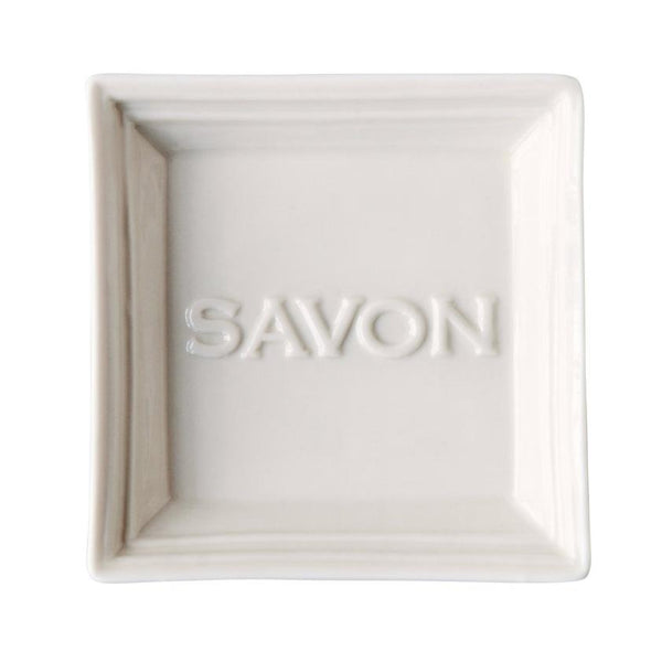 Cream Ceramic Soap Dish Embossed with "SAVON"