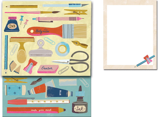 Punch Studio Aqua, Pink, & Yellow Art Tools Pocket Notepad ~ Close Up & Page View