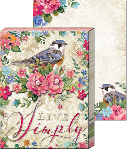 "Live Simply" Pocket Note Pad with Birds and Flowers ~ Close Up View