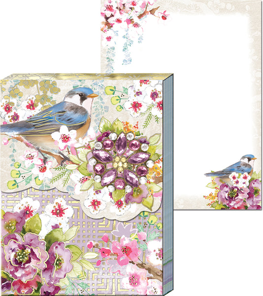 Chinoiserie Garden Brooch Mini Note Pad ~ Page View of Blossoms and a Little Bird
