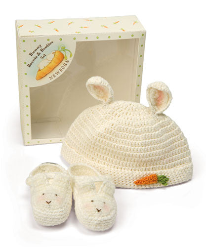 Bunnies by the Bay Cream Crocheted Newborn Baby Bunny Bonnet and Booties Gift Set