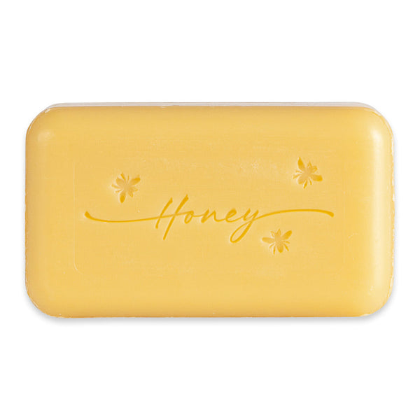 Unwrapped Golden Pre de Provence Honey Shea Butter Bar Soap w/ engraved bees & "honey" script