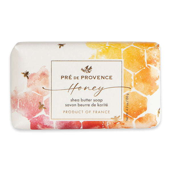 Wrapped Pre de Provence Honey Shea Butter Bar Soap featuring honeycomb & bees 