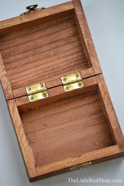 Detail of open Wood Trinket Box with brass hinges