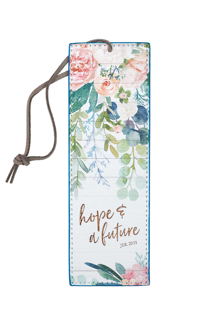 Christian Art Gifts Faux Leather Hope & Future Blue & Pink Floral Bookmark