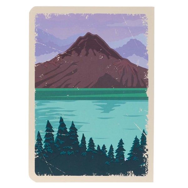 Back view of Illustration with Mountain Lake, Forest, and Lavender Sky