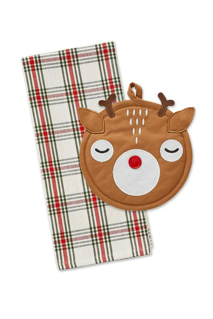 DII Reindeer Pot Holder & Plaid Kitchen Towel Set