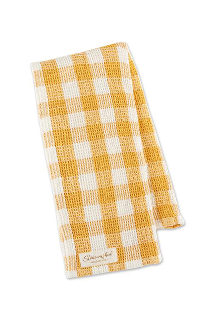 Butterscotch Yellow Stonewashed Gingham Checkered Waffle Kitchen Towel