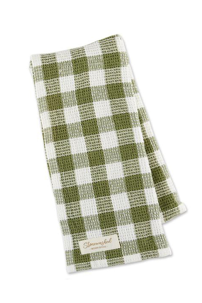 Olive Green Gingham Checkered Waffle Kitchen Towel