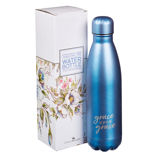 Christian Art Gifts Grace Upon Grace Stainless Steel Water Bottle with White & Floral Gift Box 