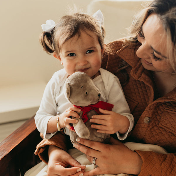 Mother and Toddler with Holiday Sweets Brownie Bear Stuffed Animal