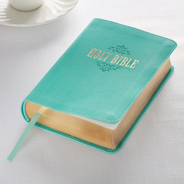 Aqua Large Print KJV Compact Bible  ~ Golden Leaf View