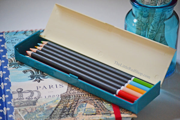 Vintage mid-century aqua pencil case 