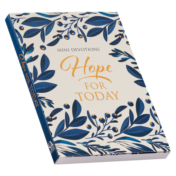 Side view of Elegant Paperback Hope for Today Mini Devotional with Navy & Gold Foliage Detail