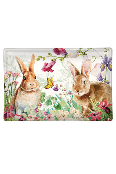 Michel Design Works Bunny Meadow Glass Soap Dish w/ Rabbits, Flowers, and a Butterfly