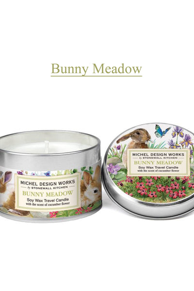 Michel Design Works Bunny Meadow Soy Wax Travel Candle w/ Rabbits, Spring Flowers and a butterfly 