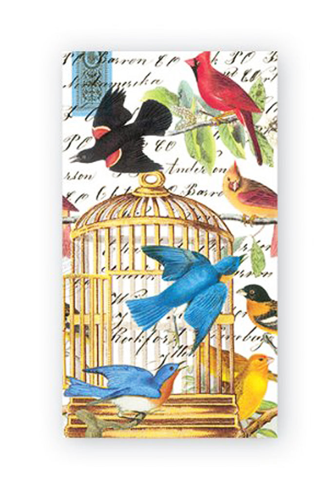 Michel Design Works Hostess Napkins with various Song Birds Outside a Gilded Cage