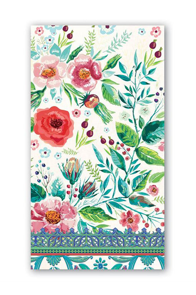 Michel Design Works Wild Berry Blossom Floral Hostess Napkins in white, aqua, and pink