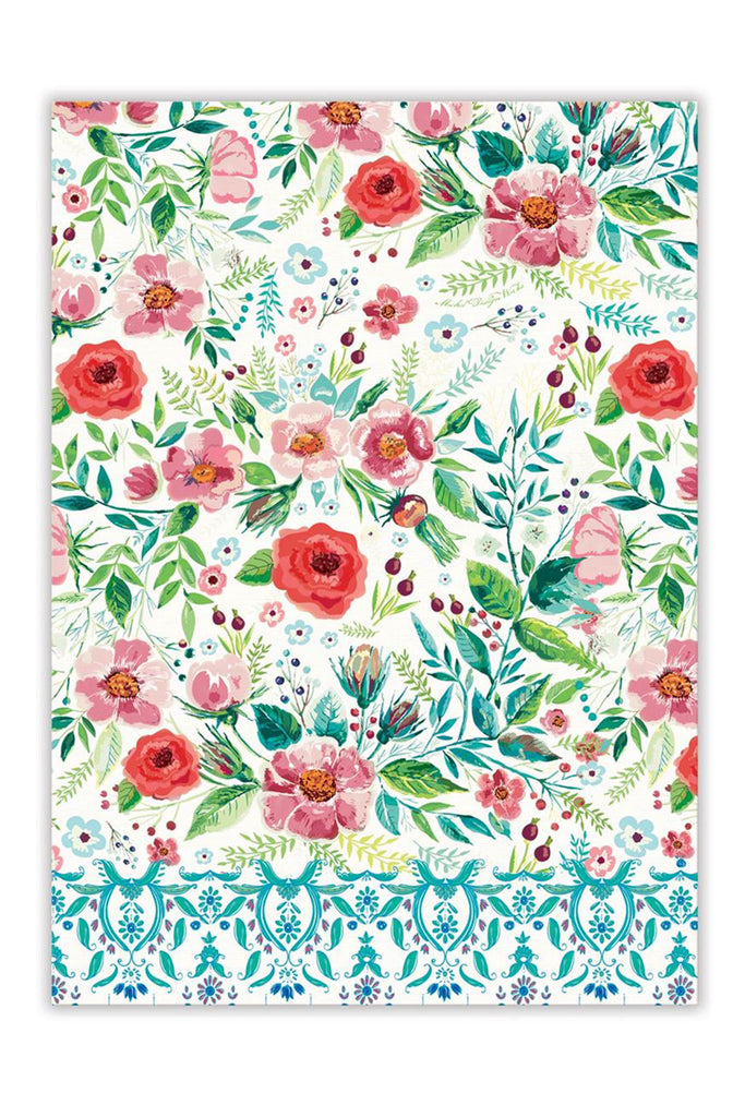 Wild Berry Blossom Bohemian Kitchen Towel with aqua & pink floral design