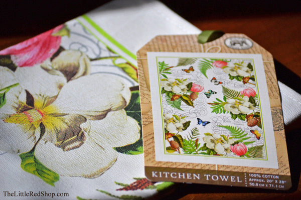 Detail view of Magnolia Flower & Tag of Kitchen Towel