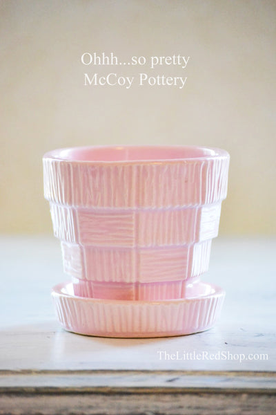 Vintage Mid-Century McCoy Pottery Pink Basket Weave Flower Pot